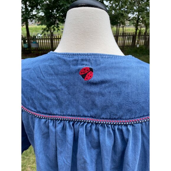 Vintage Denim Dress Cottagecore Embroidered Flowers Ladybugs Short Sleeves Butto - Picture 6 of 9